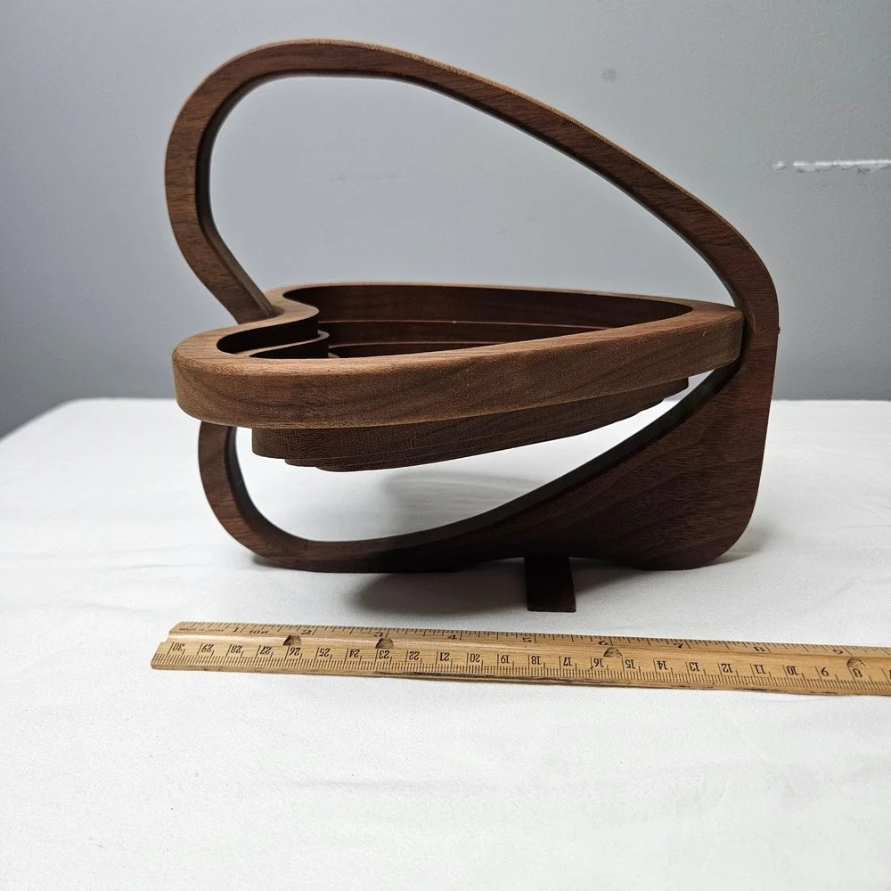 Vintage Heart Shaped Collapsible Wood Fruit Basket Trivet Walnut MCM Decor 10x11